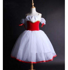 White red patchwork tutu skirt leotard girls kids children long length off shoulder competition professional swan lake ballet dance dresses costumes